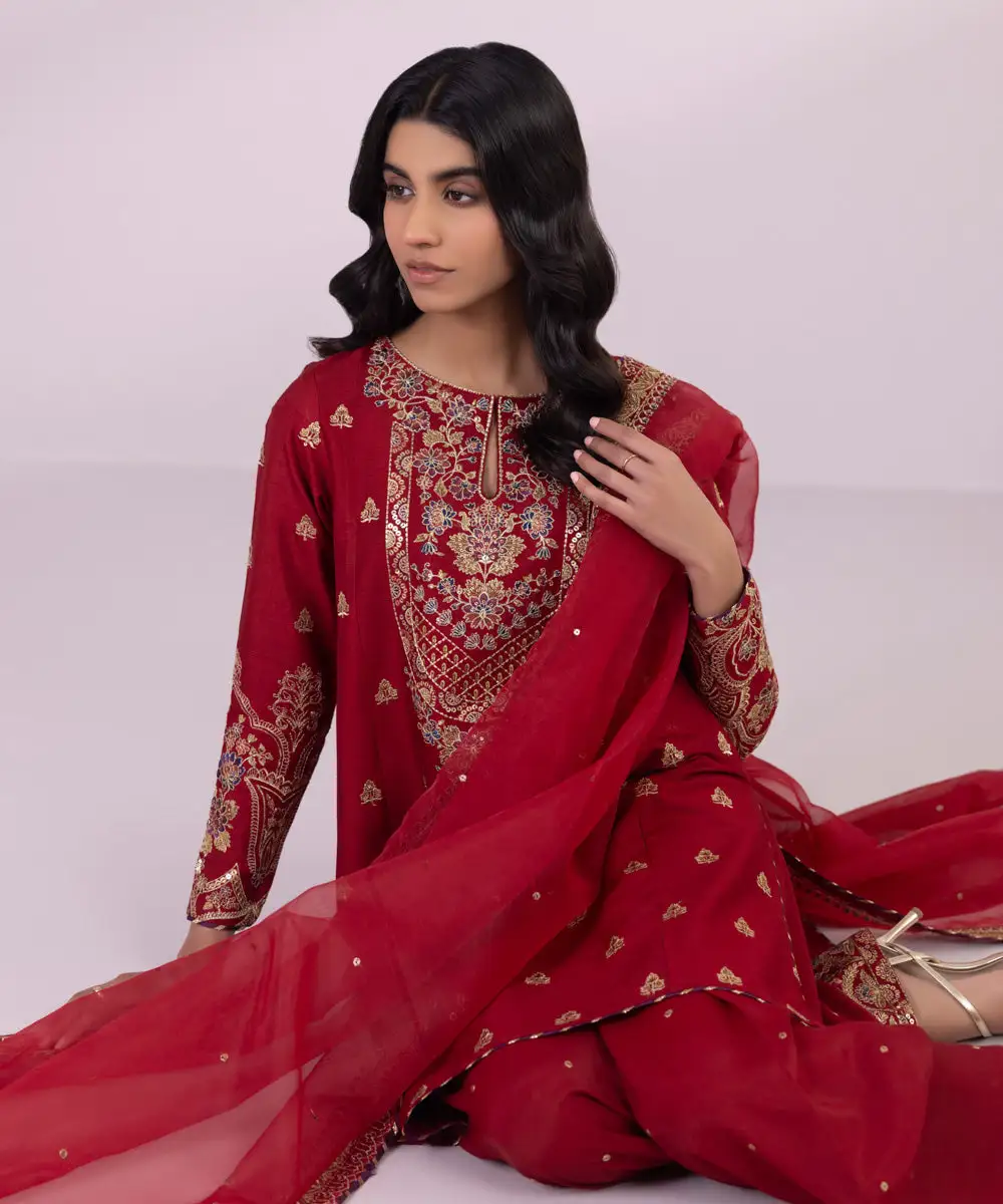 3 Piece - Embroidered Raw Silk Suit