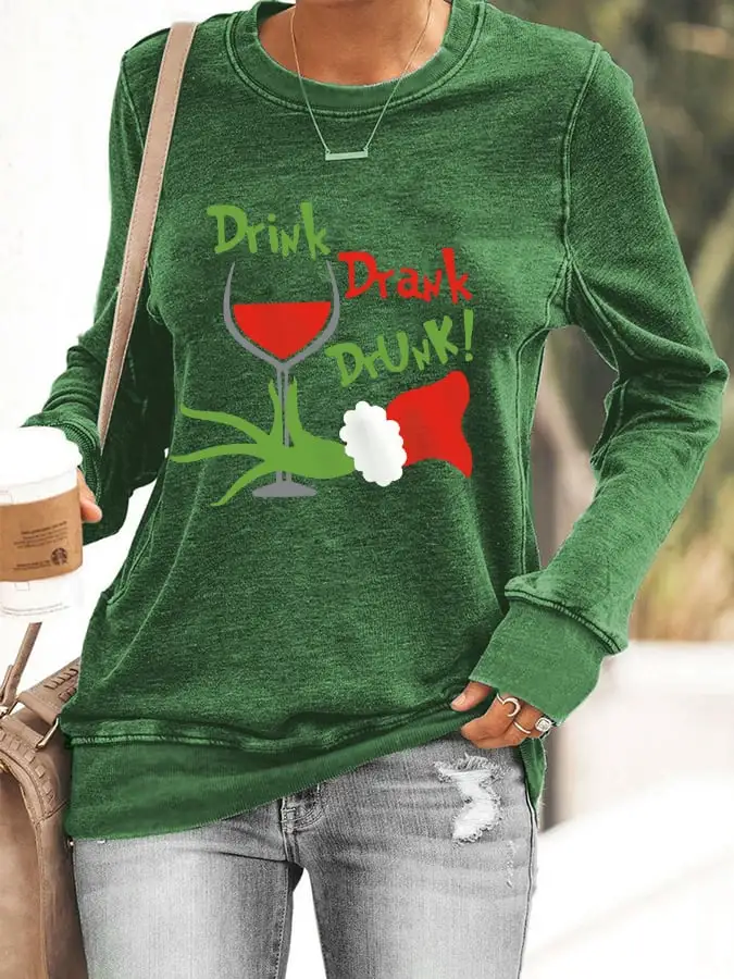 Women's Funny Christmas Drink Drank Drunk Red Wine Glass Casual Sweatshirt