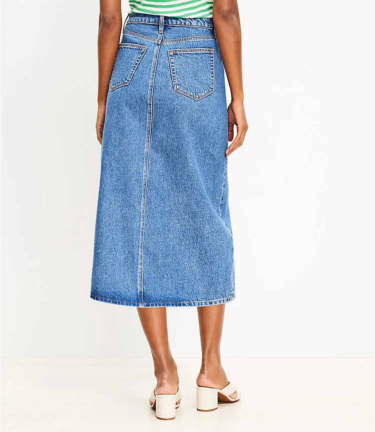 Patch Pocket Denim Midi Skirt in Classic Mid Wash