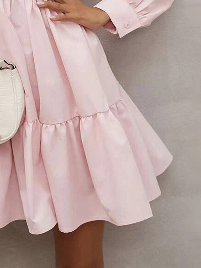 Pink Frilled Stand Collar Long Sleeve Ruffle Dress