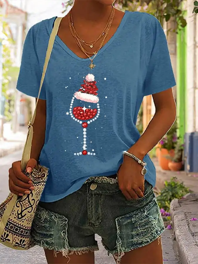 Women's Shiny Christmas Hat Red Wine Glass Casual V-Neck Tee