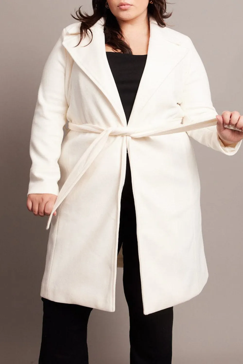 White Long Belted Wrap Coat