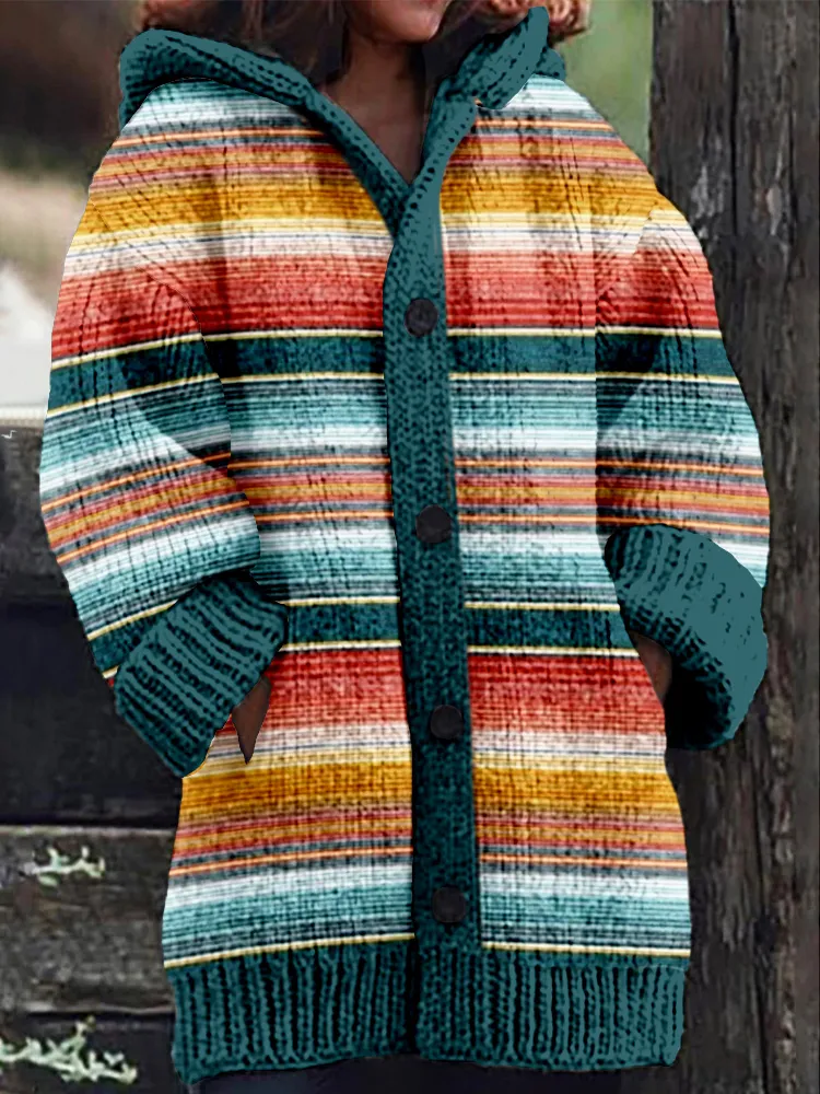 Vintage Western Aztec Pattern Cozy Hooded Cardigan