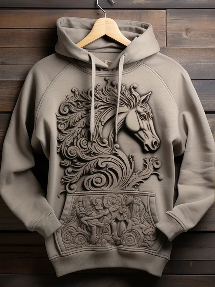 Vintage Horse Print Long Sleeve Hoodie