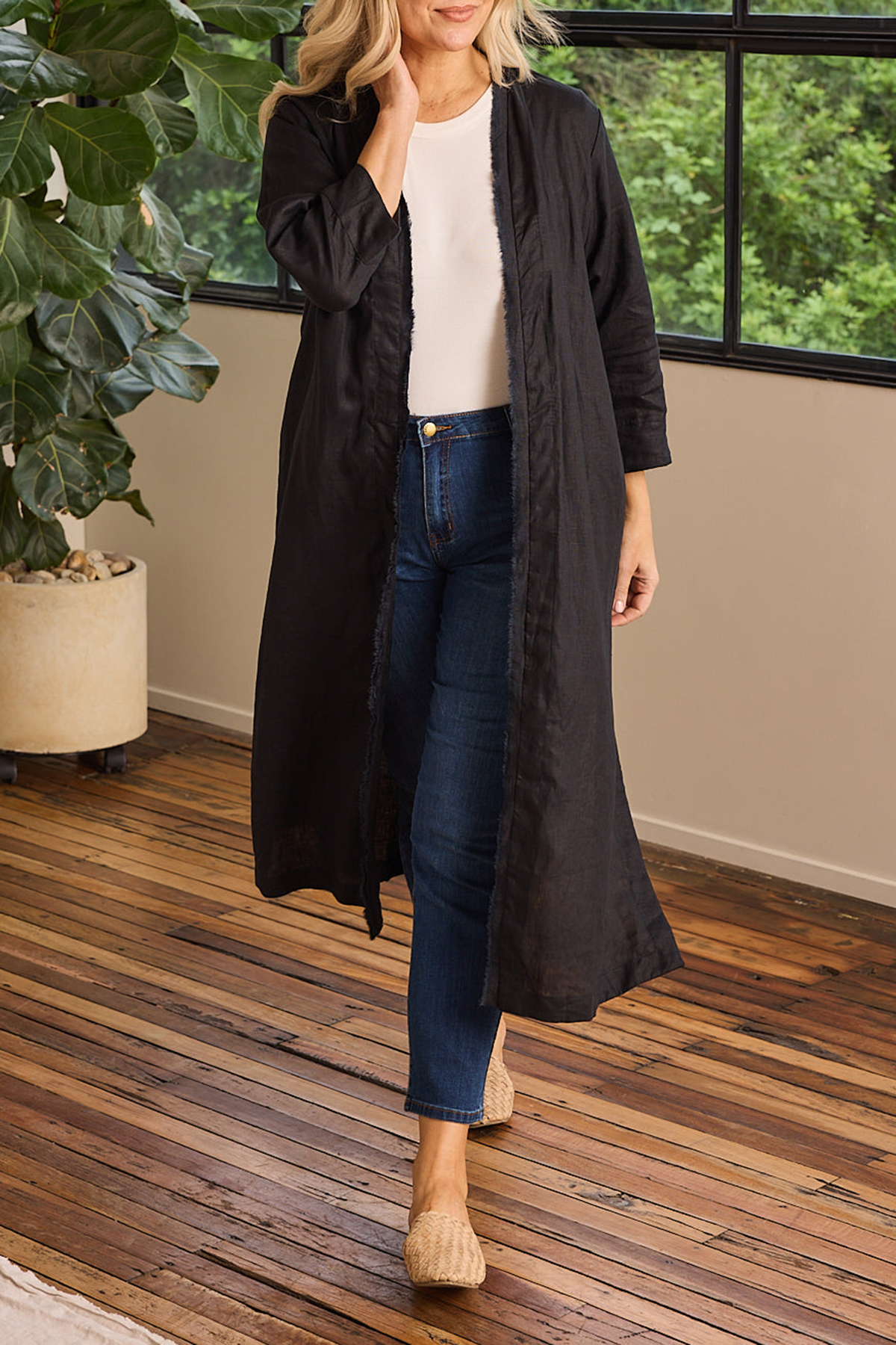 Long Line Fringed Linen Duster Jacket In Black