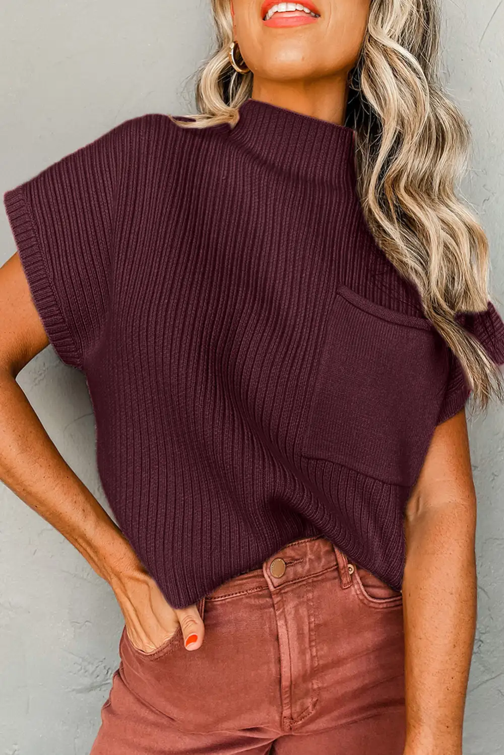 Patch Pocket Ribbed Knit Short Sleeve Sweater