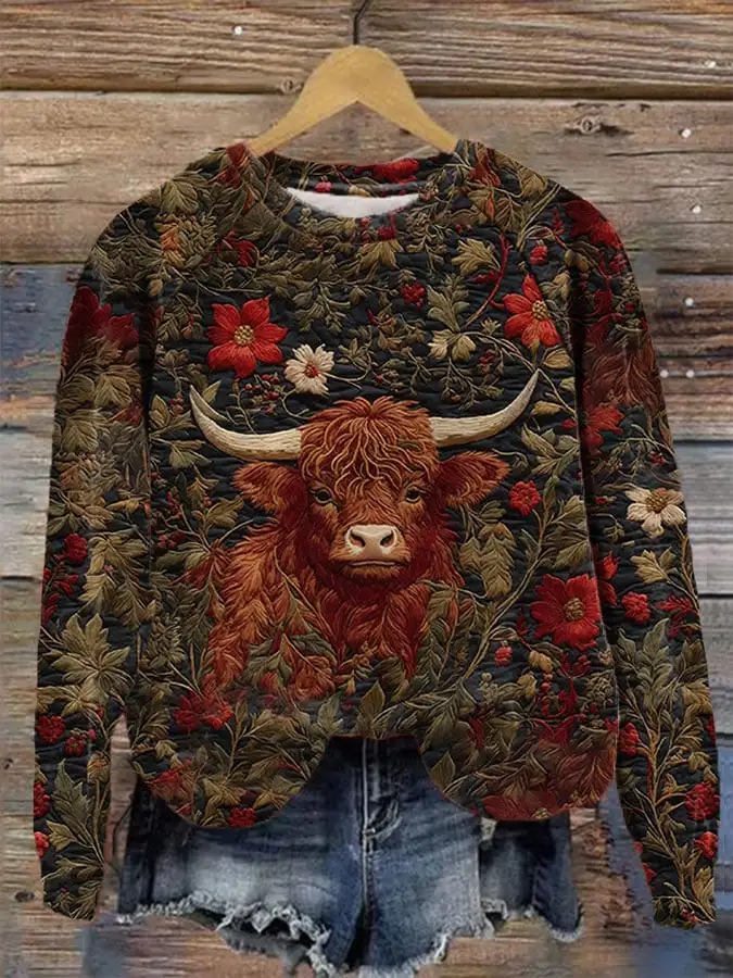 🔥Buy 3 Get 10% Off🔥Women's Western Floral Highland Cow Print Sweatshirt