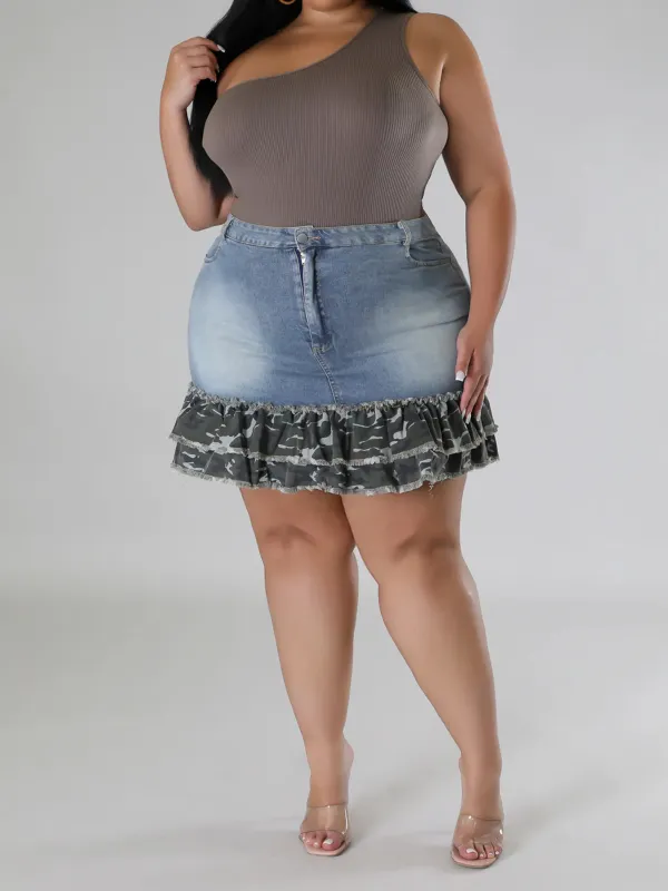 Plus-Size Fashion Women'S Camouflage Ruffled Denim Skirt