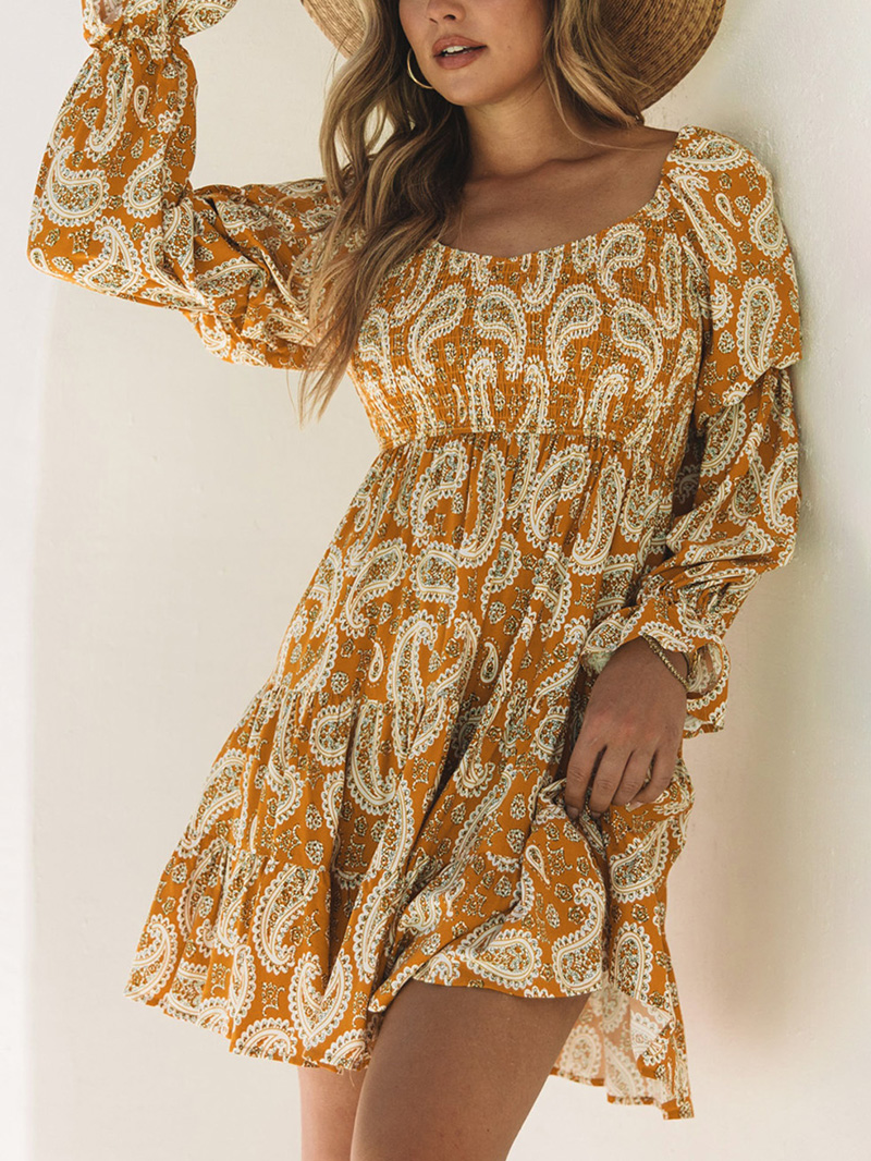 Yellow Boho Floral Collared Long Sleeve Ruffled Dress