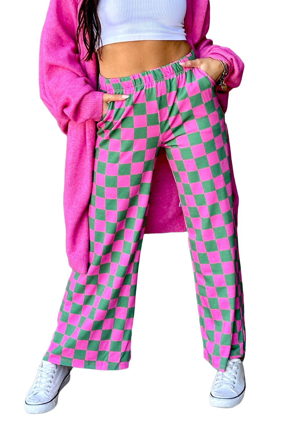 2-Tone Checked Print High Waist Wide Leg Pants