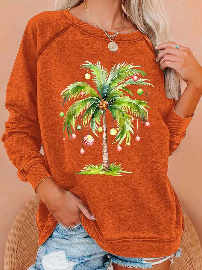 Women'S Casual Christmas Palm Tree Printed Long Sleeve Sweatshirt