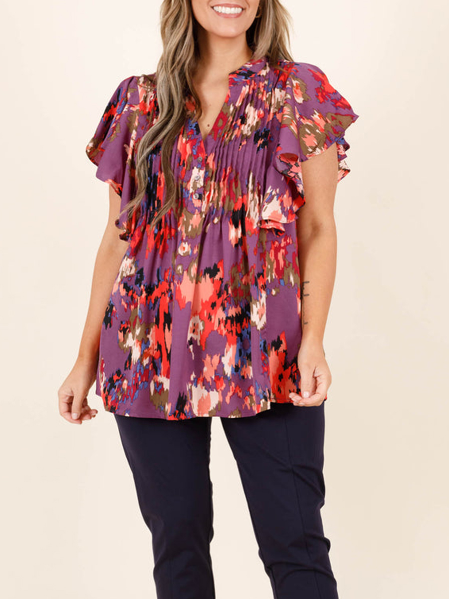 Contrast pattern ruffled short sleeved shirt