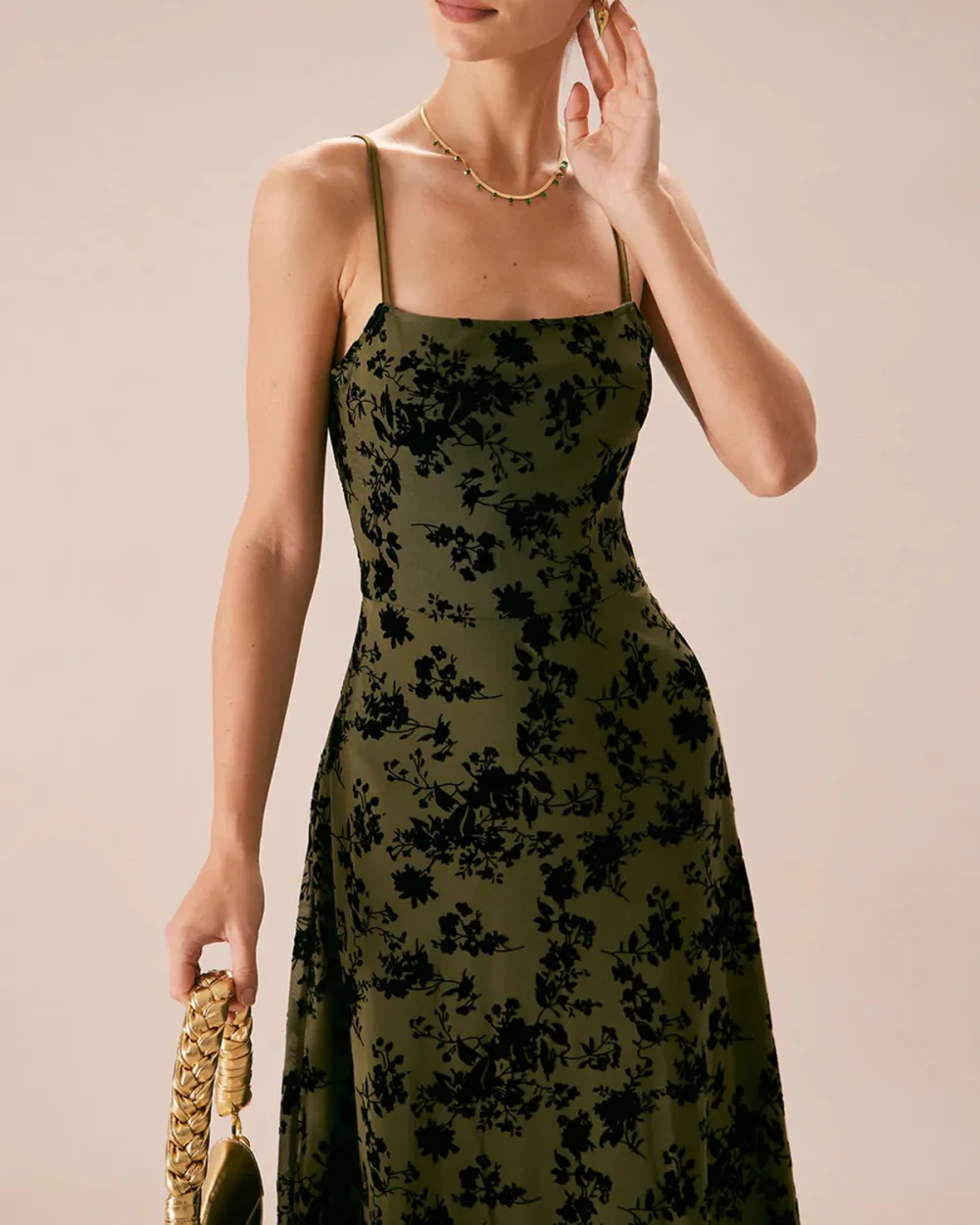 Army Green Vintage Print Sling Dress