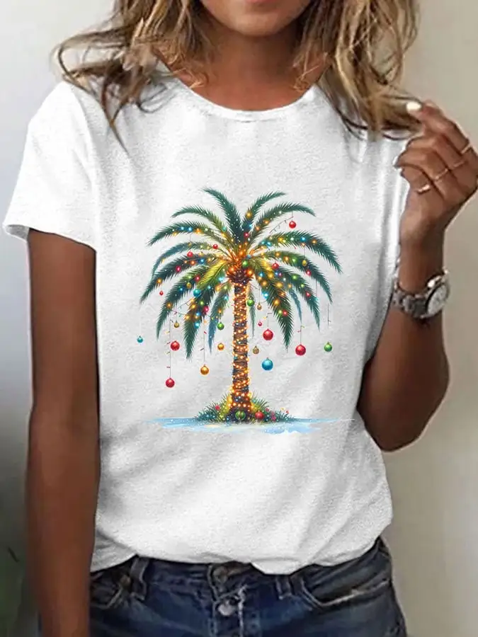 Women'S Christmas Palm Tree Print Casual Round Neck T-Shirt