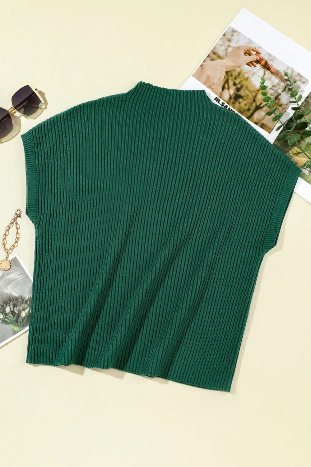 Patch Pocket Ribbed Knit Short Sleeve Sweater