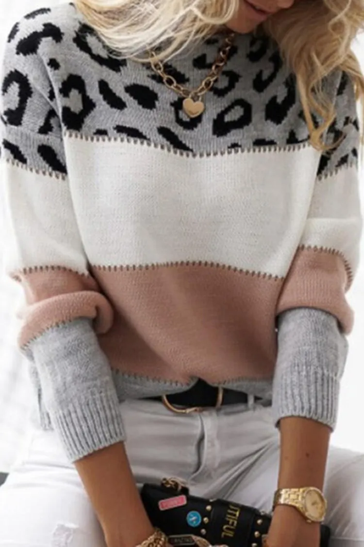 Leopard Print Paneled Crew Neck Long Sleeve Sweater