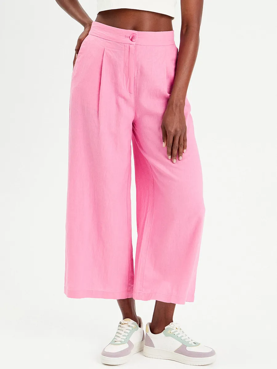 Pantalon large 55% de lin avec pinces rose femme