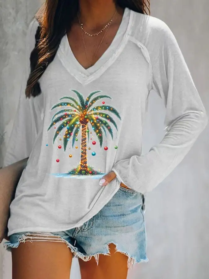 Women's Christmas Palm Tree Print V-Neck Casual T-Shirt