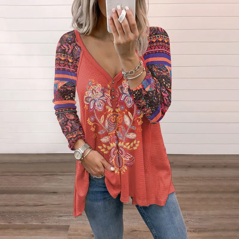 Casual Long Sleeve Printed V-Neck T-Shirt