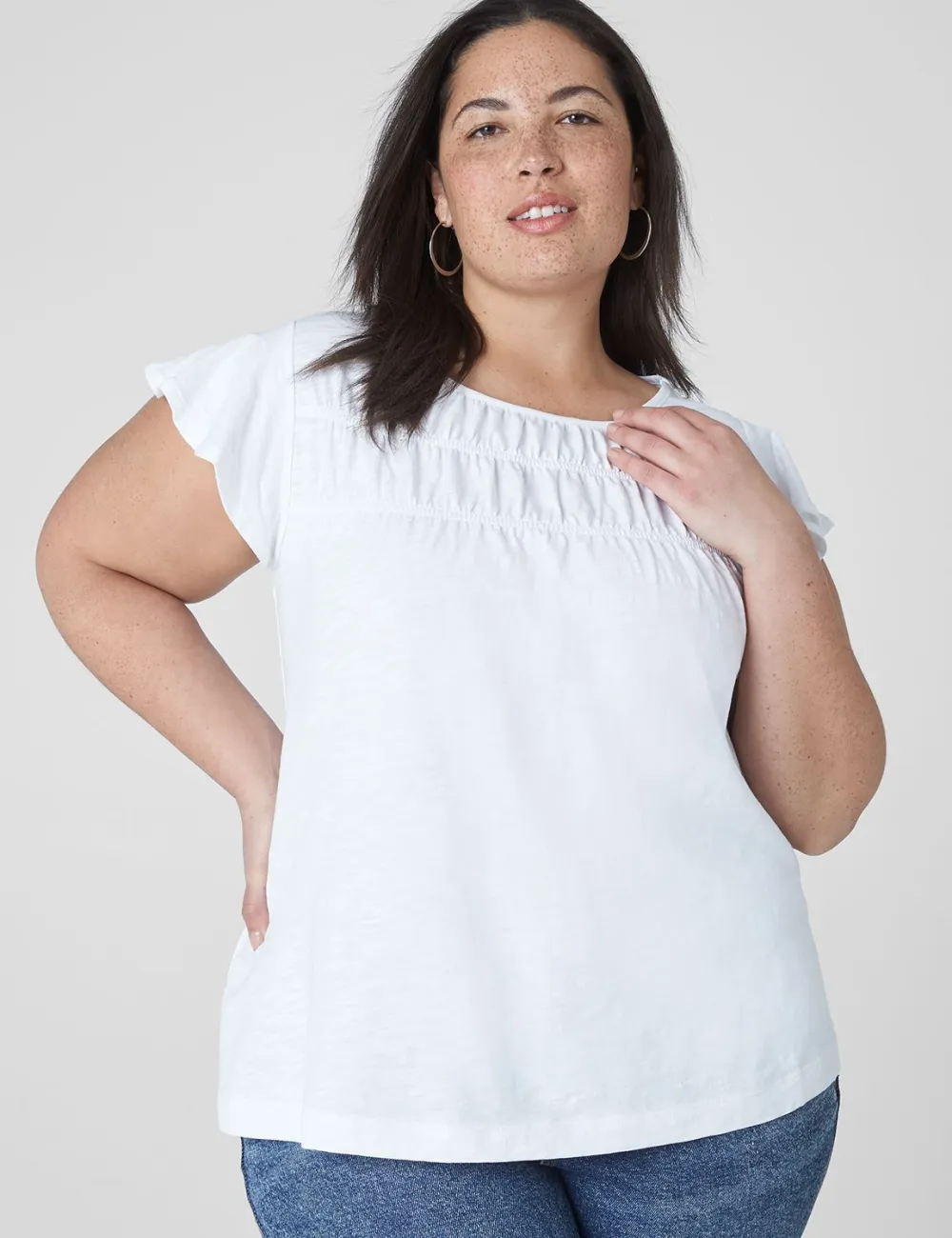 Flutter-Sleeve Boatneck Ruched Tee