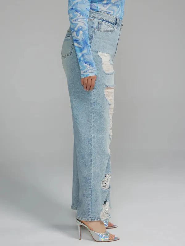 High Rise Straight Leg Destructed Jeans