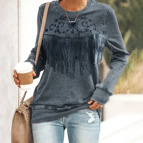 Casual Vintage Western Fringe Print Long Sleeve Sweatshirt