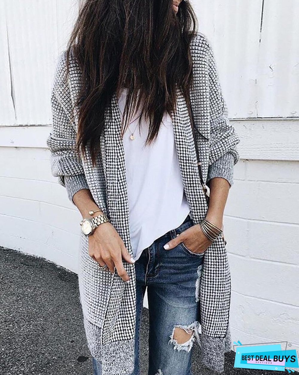 Plaid Print Long Sleeve Longline Cardigan