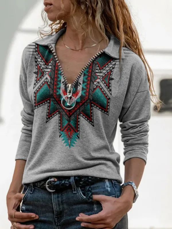 Western Ethnic Print Long Sleeve Polo Shirt