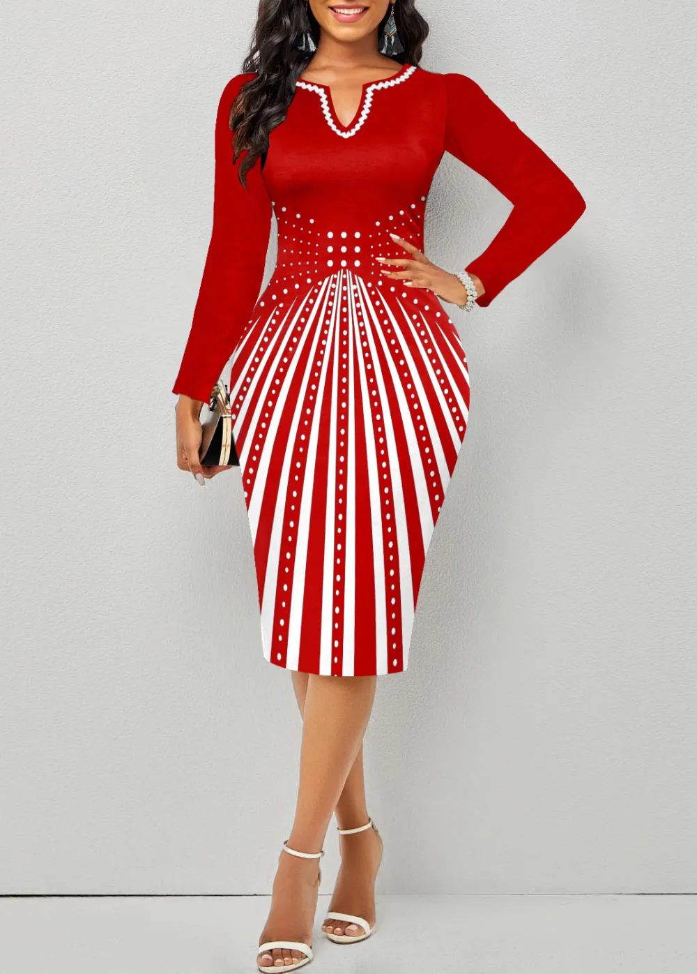 Geometric Print Split Red Long Sleeve Bodycon Dress