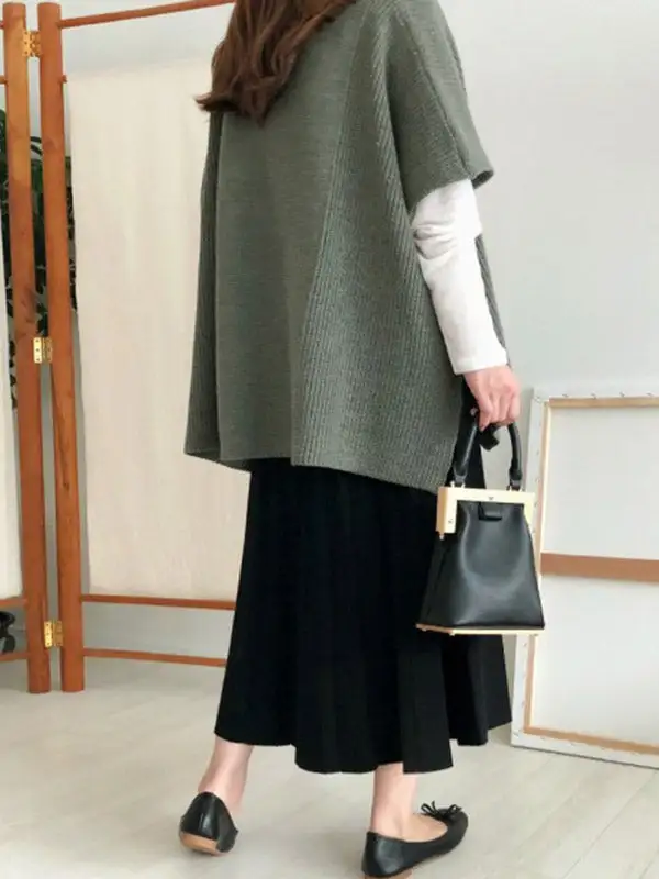 Casual Solid Color Round-Neck Half Sleeves Knitted Sweater Cape Top