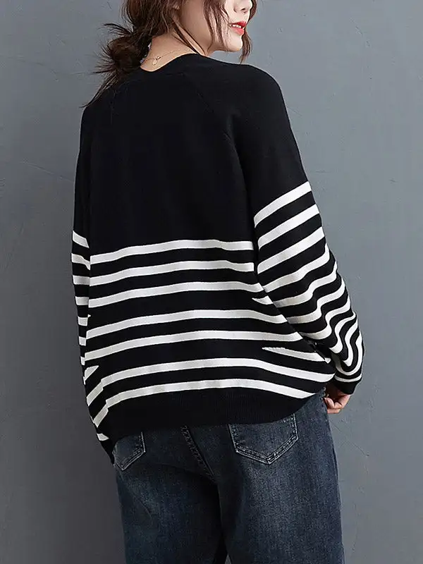 Artistic Retro Casual Loose Striped V-Neck Long Sleeves Knitted Sweater