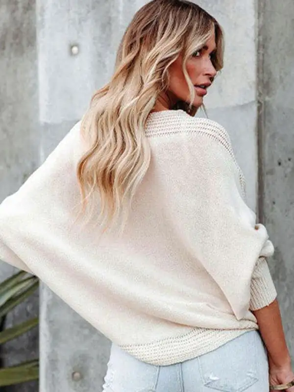 Loose Batwing Sleeves Twist Solid Color V-Neck Sweater Tops