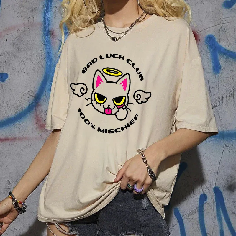 Women's Cartoon Cat Letter Printed T-shirt