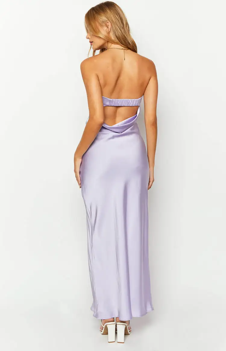 Rhea Purple Satin Strapless Maxi Dress