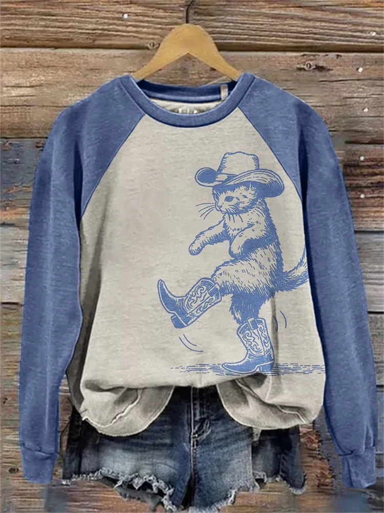 Lovely Cat Cowboy Contrast Color Raglan Sweatshirt