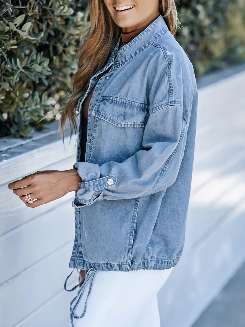 Casual solid color drawstring denim jacket