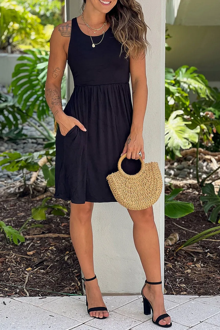 Black Racerback Short Dress With Pockets