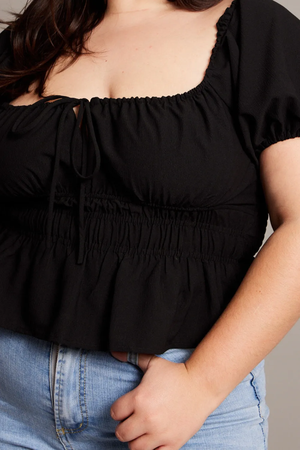 Black Peplum Top Short Sleeve Ruched Bust