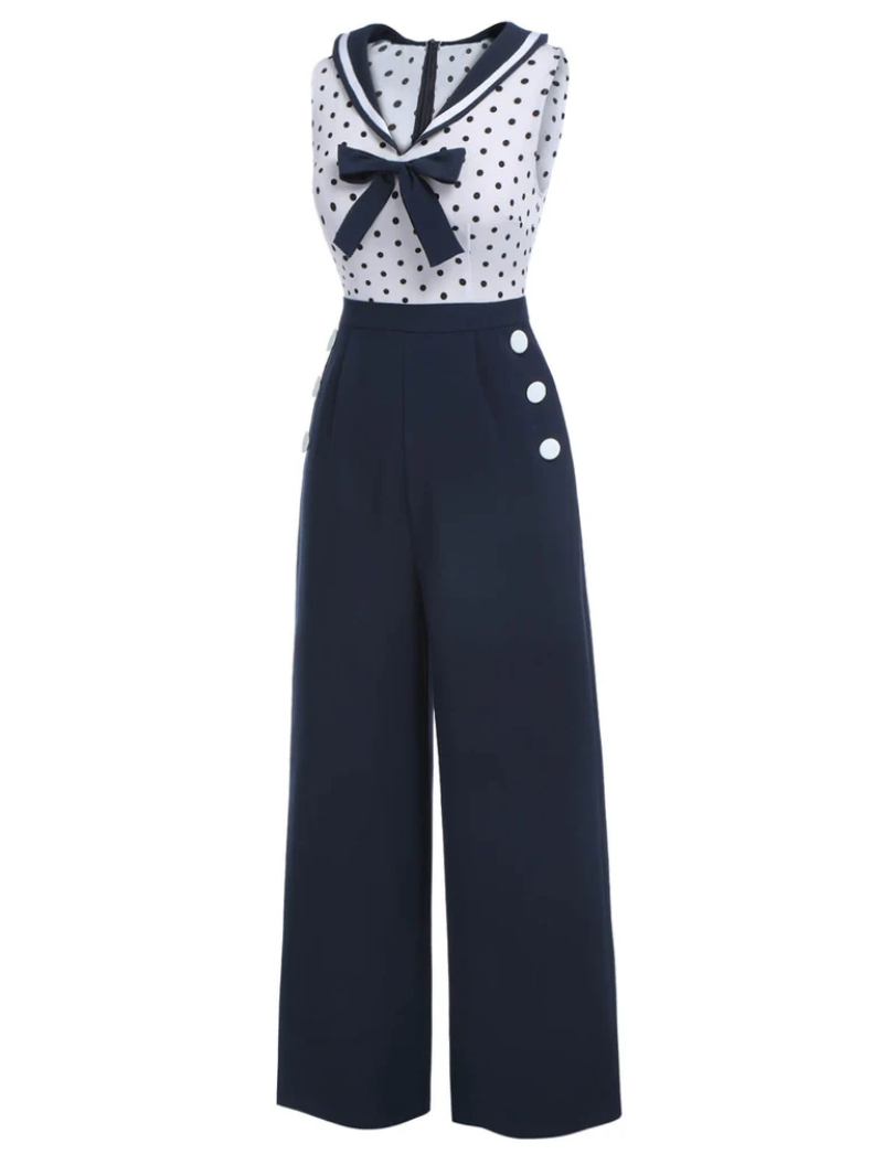 BLUE 1940S POLKA DOT BOW LAPEL JUMPSUIT