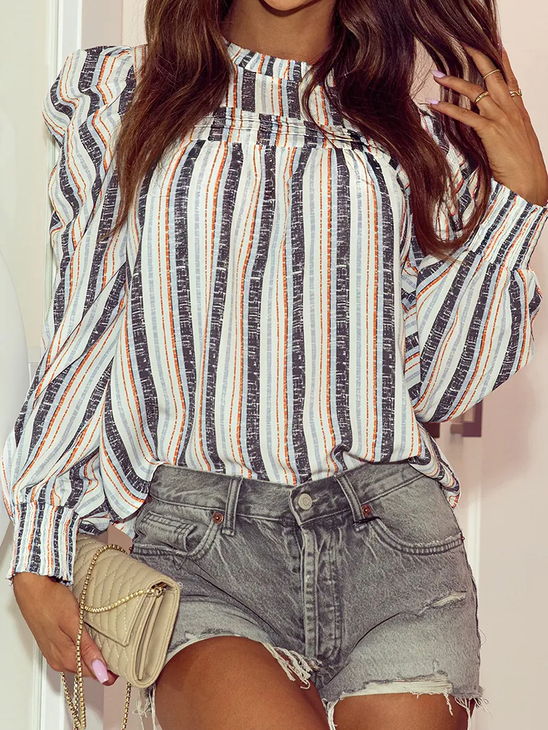 STRIPED SHIRRED ROUND NECK SHEATH CASUAL BOHO BLOUSE