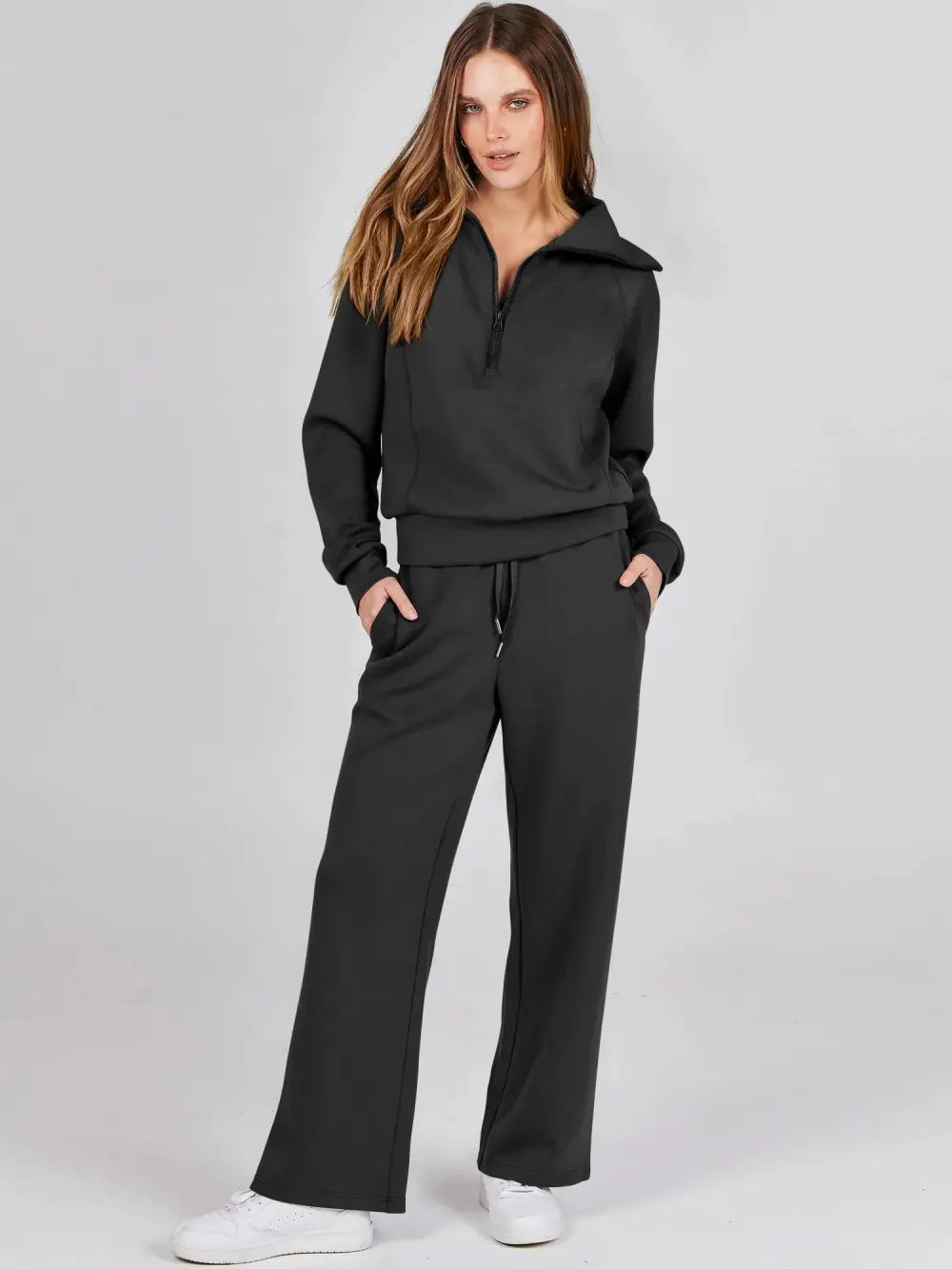 2 Piece Sweatsuit Set Navy Collar Half Zip Suit