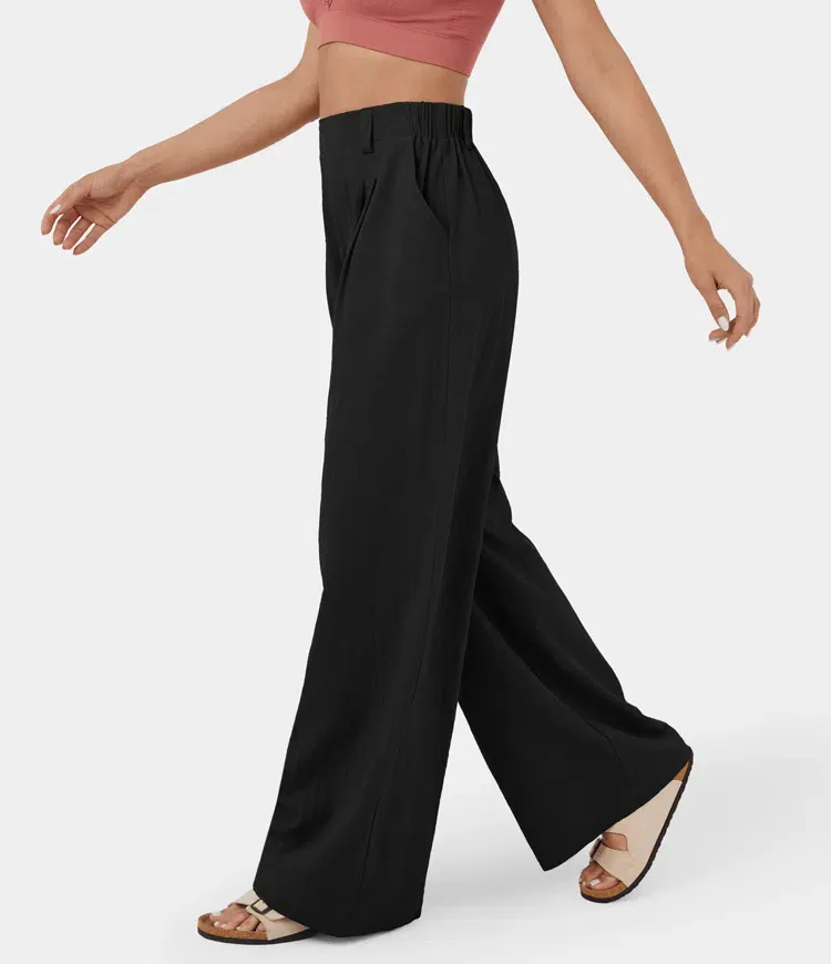 High Waisted Plicated Side Pocket Wide Leg Flowy Solid Palazzo Casual Pants