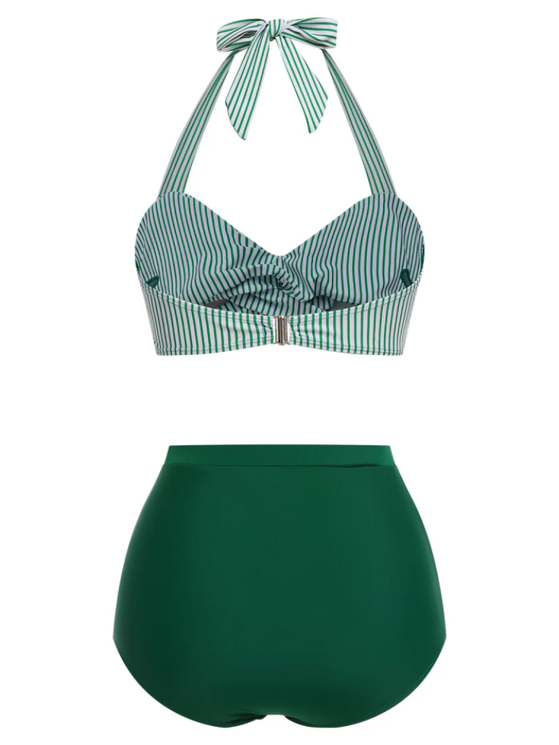 GREEN 1940S STRIPED HALTER SWIMSUIT SET