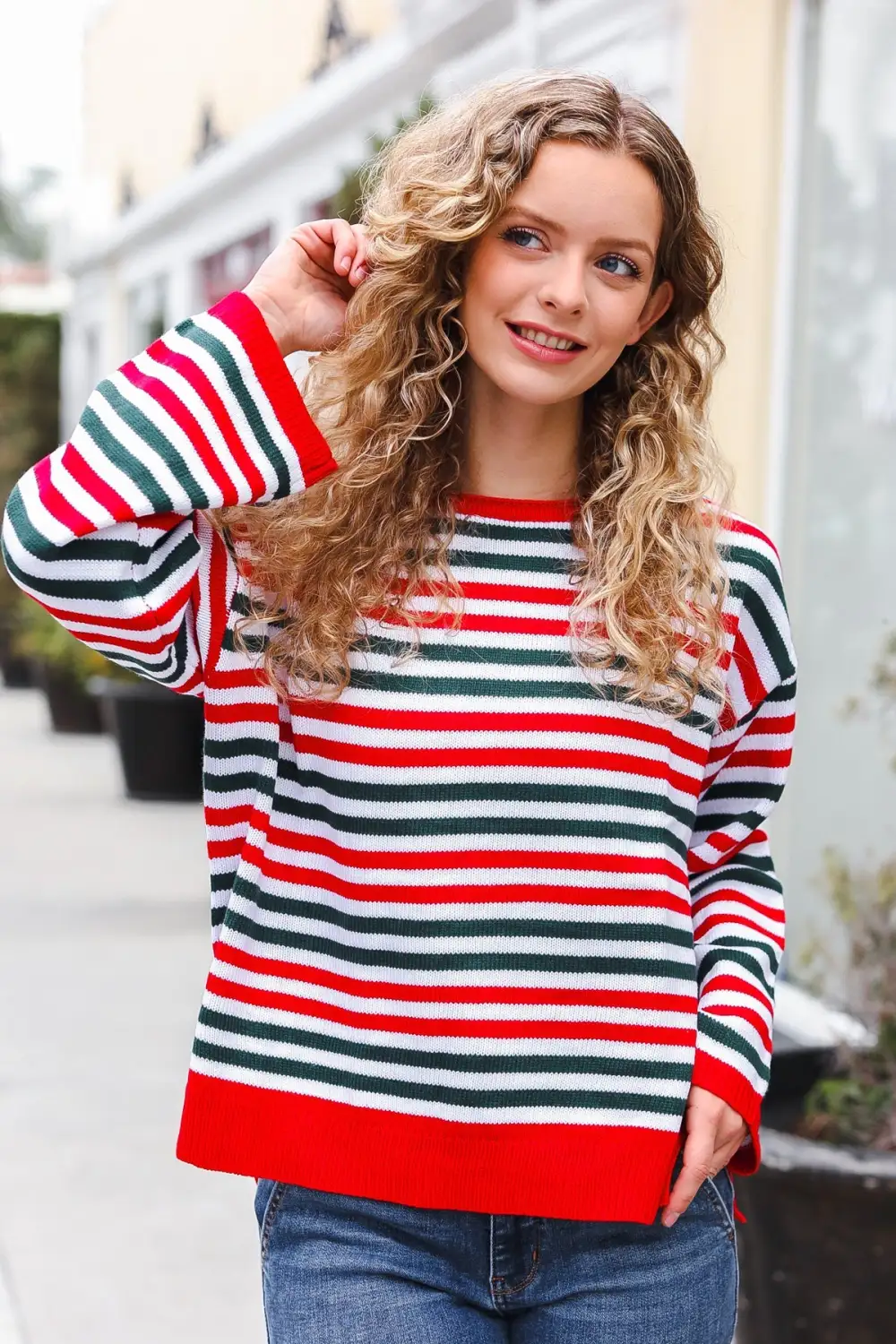 Christmas Red & Green Striped Oversized Knit Sweater