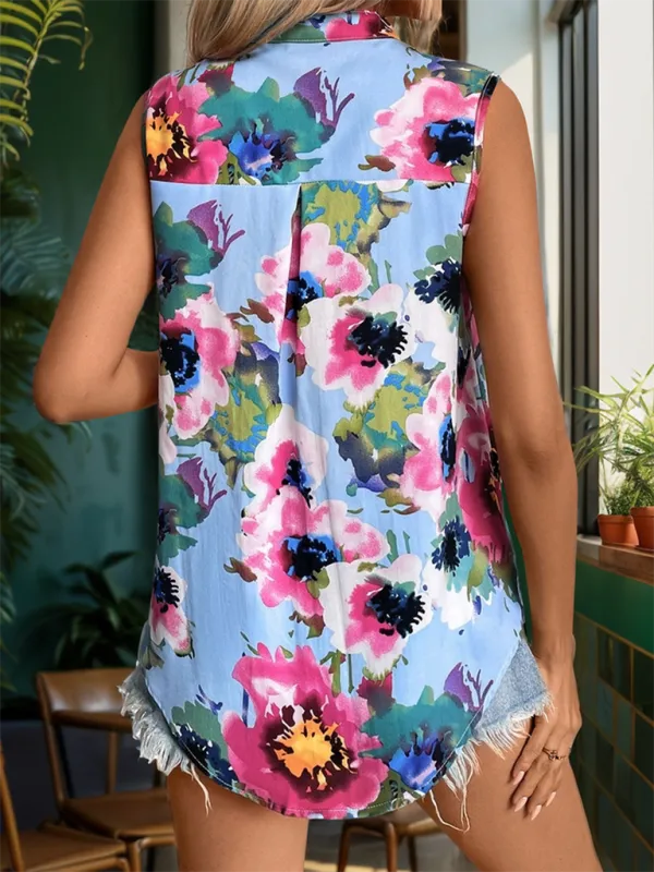 Women's Stand Collar Printed Sleeveless Shirt