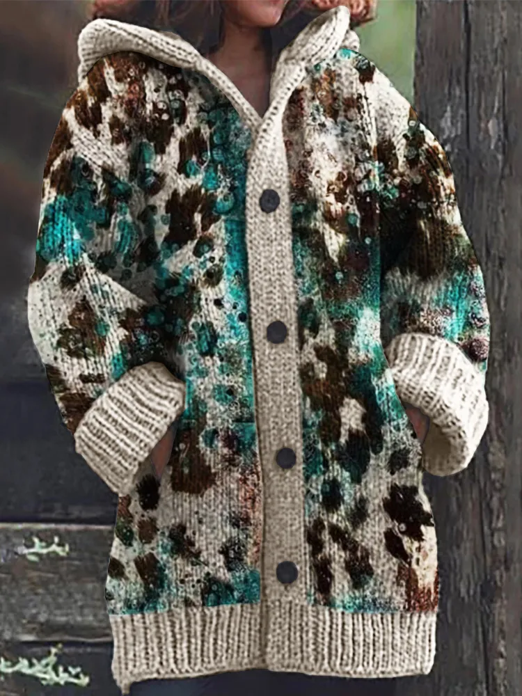 Turquoise Bleached Cowhide Cozy Knit Hooded Cardigan