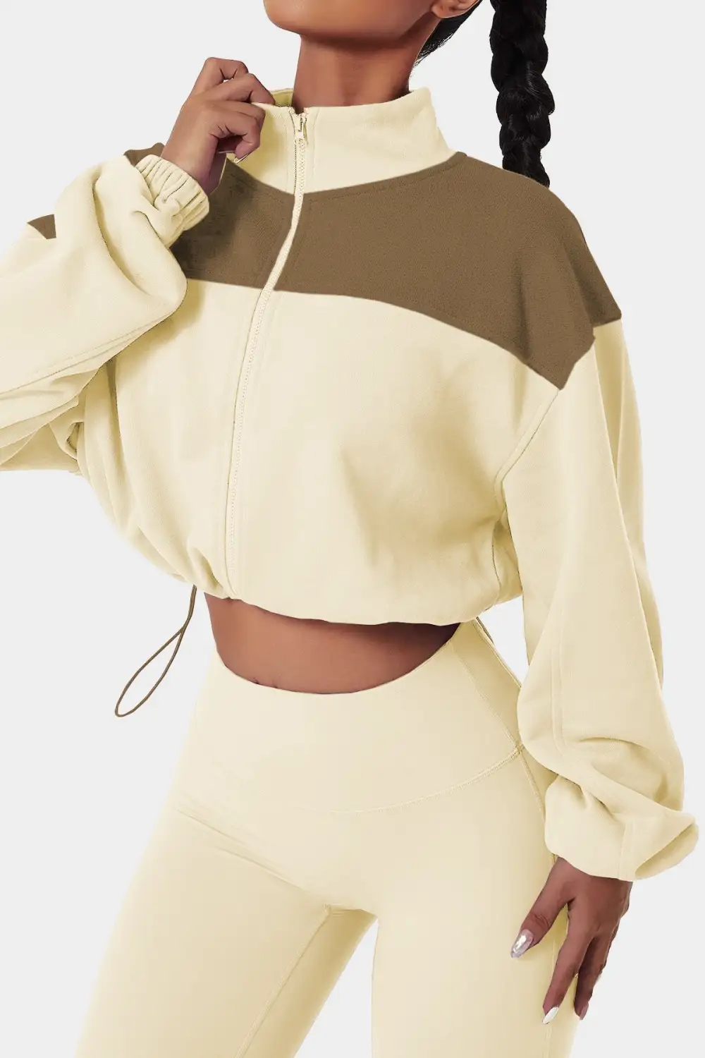 Beige Color Block Drawstring Cropped Athleisure Jacket