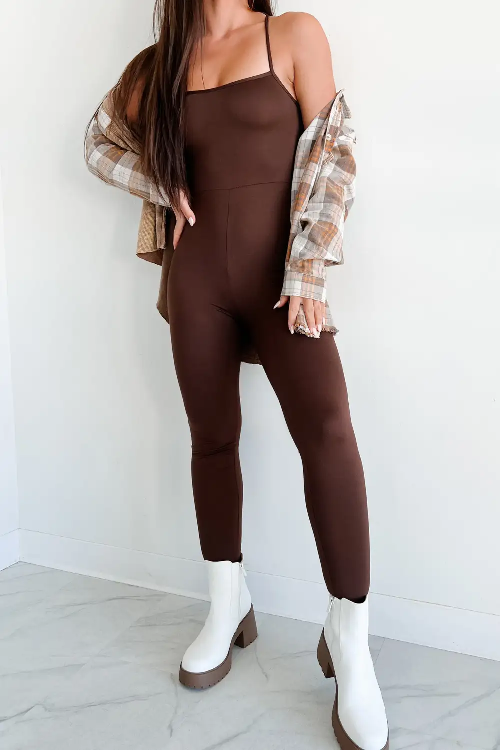 Time To Walk Away Lace-Up Back Jumpsuit (Coffee)