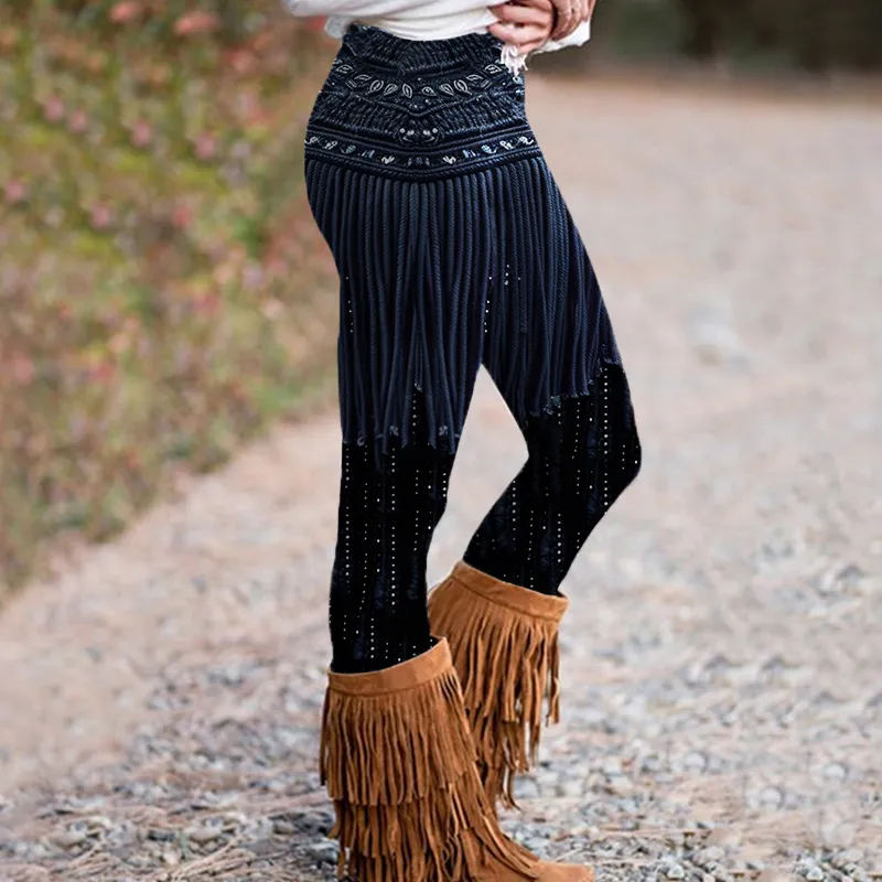 Women's Vintage Glitter Tassels Casual Leggings