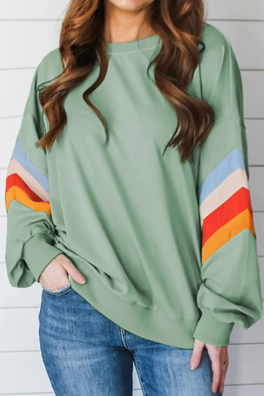 Flamingo Rainbow Striped Sleeve Crew Neck Loose Sweatshirt